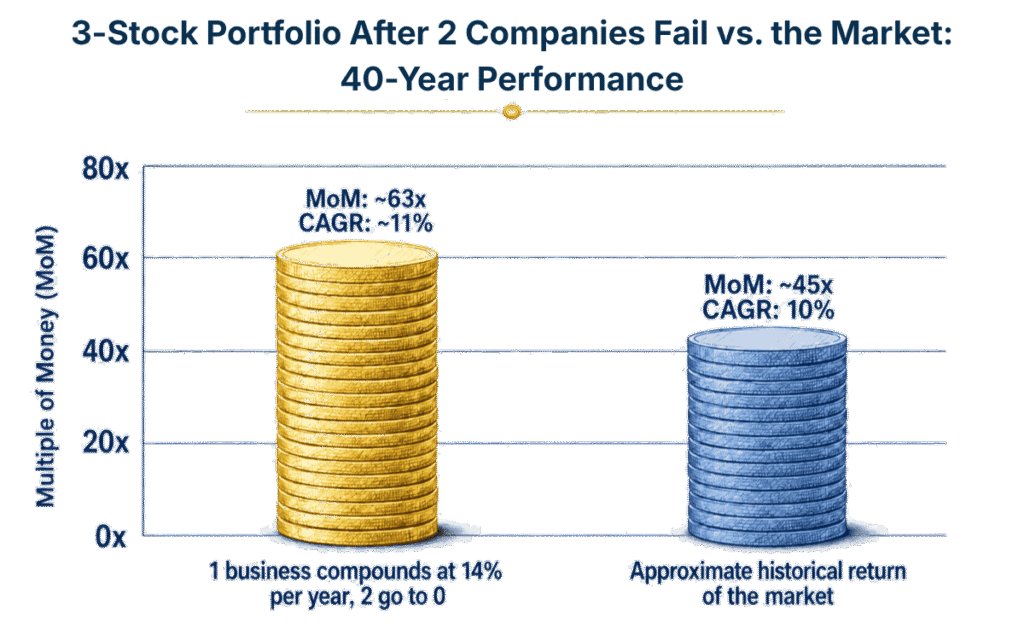 Bar chart showing that a three-stock portfolio with two holdings going to zero still reaches 63 times its initial value when the remaining stock compounds at 14%, versus 45 times for the market.