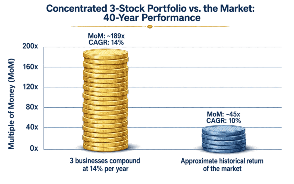 Bar chart comparing 40-year growth: a concentrated three-stock portfolio reaches 189 times its initial value versus 45 times for the market.