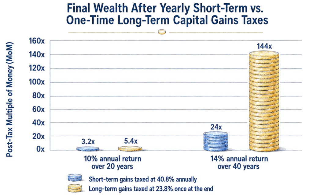 Chart comparing after-tax wealth from long-term ownership and annual trading: 5.4 times versus 3.2 times at 10% for 20 years, and 144 times versus 24 times at 14% for 40 years.